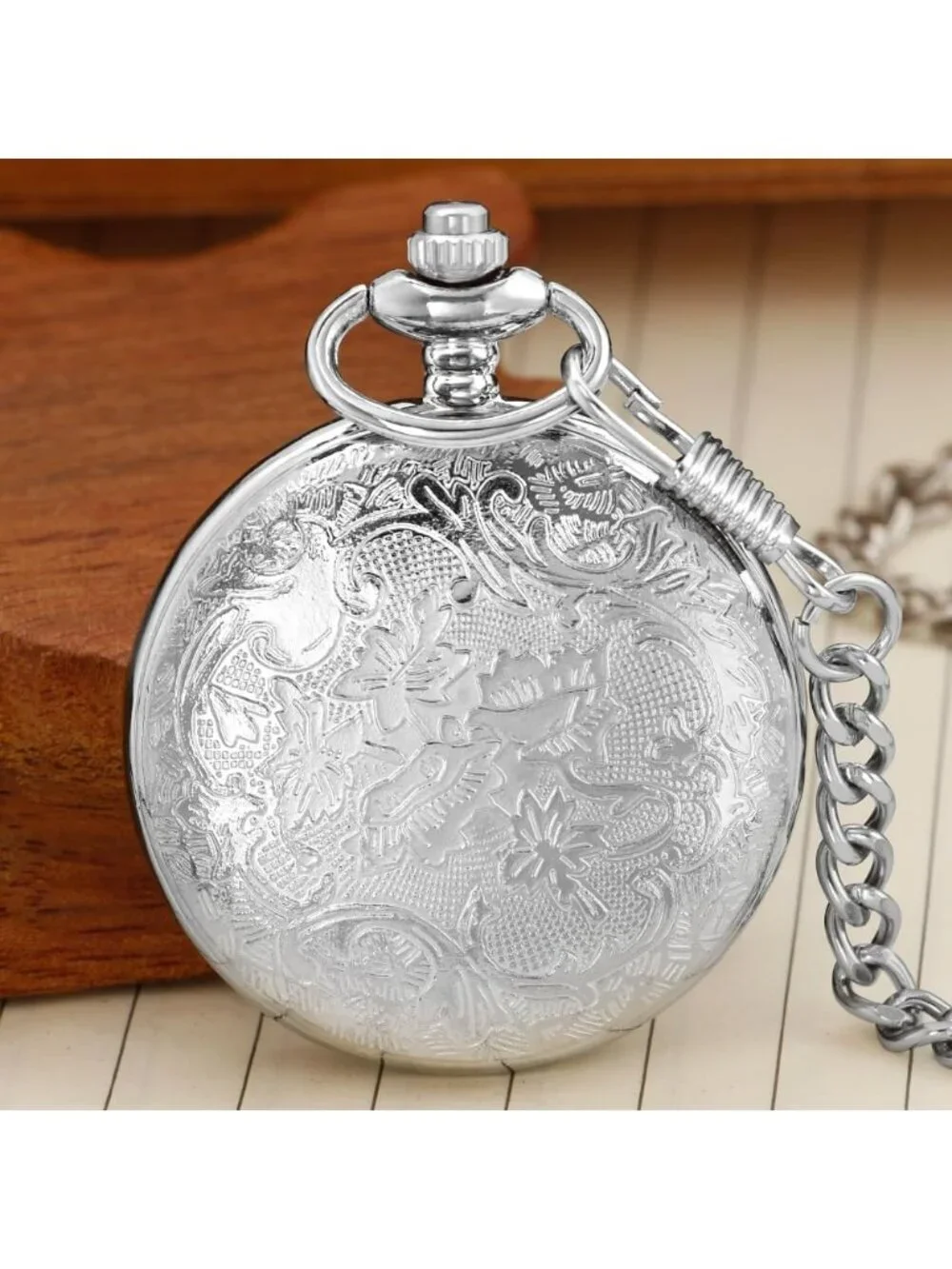 Men's Silver Analog Quartz Arabic Numerals Engraved Cowboy Vintage Pocket Watch